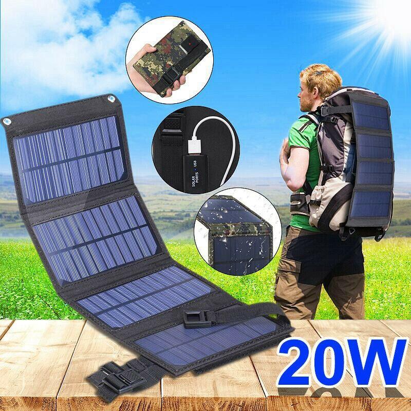 2023 Bộ pin mặt trời có thể gập lại 20W mới 5V USB Sunpower Pin mặt trời Gói ngân hàng Tấm năng lượng mặt trời chống nước cho đi bộ đường dài cắm trại ngoài trời Màu sắc: 5v 20w Đen