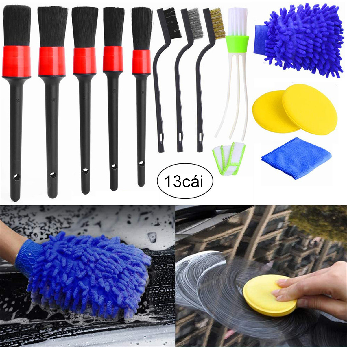 Bộ 13 cái Dụng Cụ Rửa Xe hơi Ô Tô Nhiều Món Găng Tay, Bộ 5 Cọ Rửa, Mút, Bàn Chải, khăn lau Công cụ rửa xe ô t