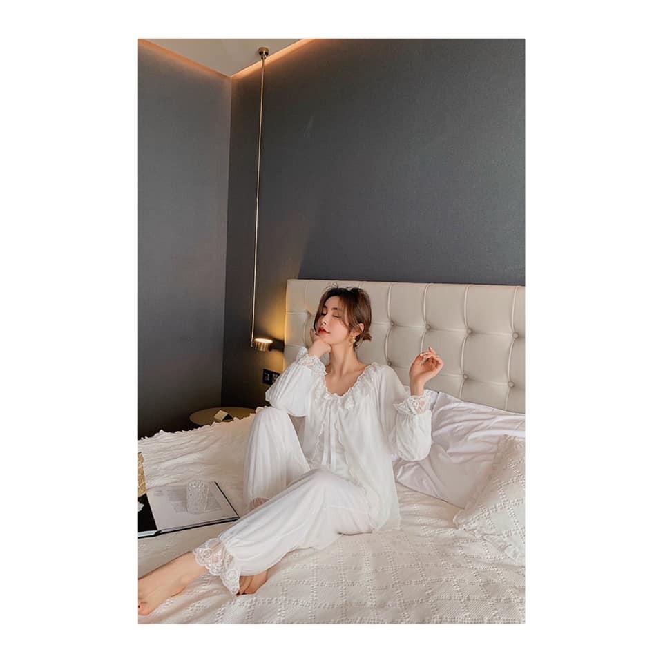 Bộ Ngủ Pyjama tiểu thư viền ren cao cấp