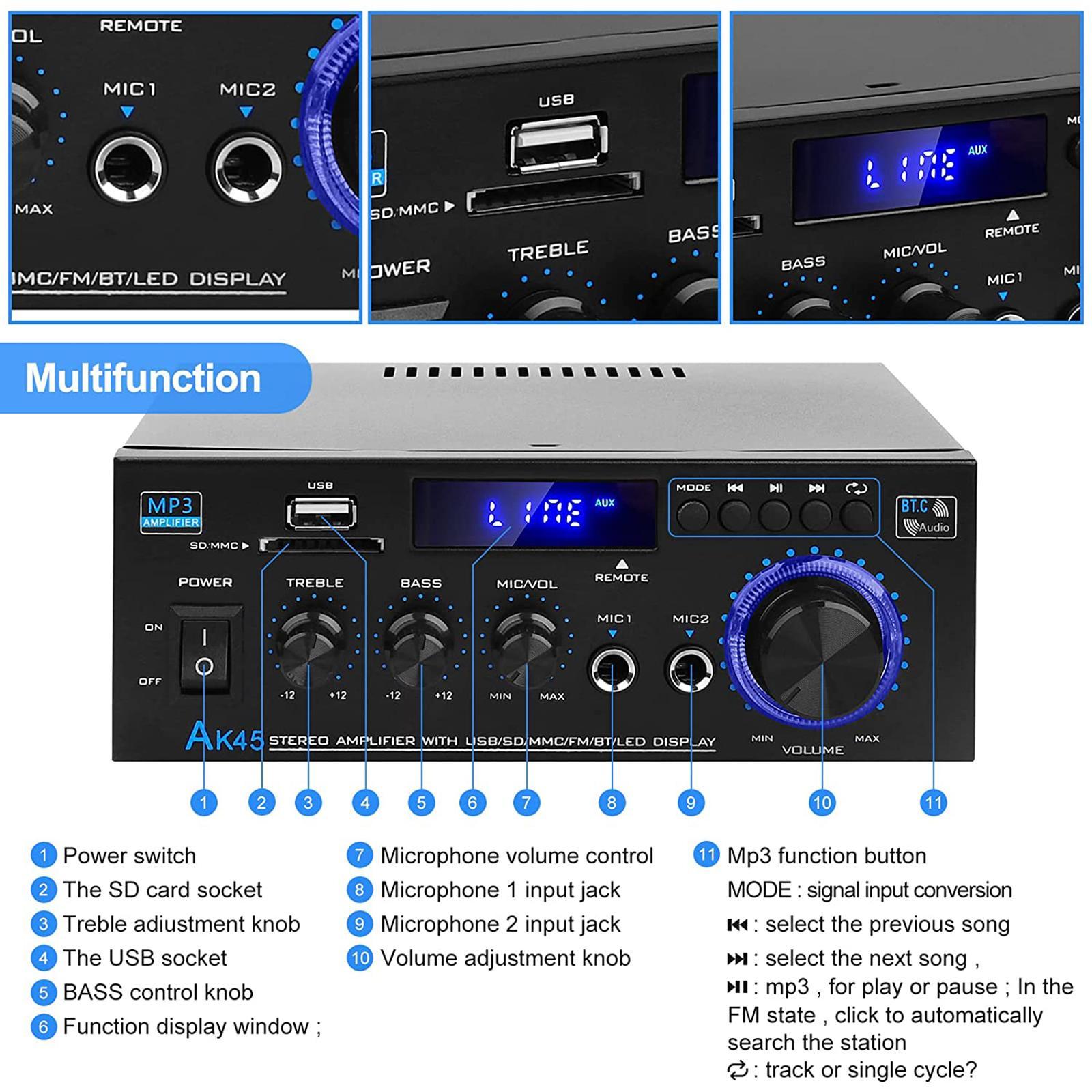 AK45 Audio Power Amplifier with Microphone 2.0 Channel HiFi Stereo Amplifier