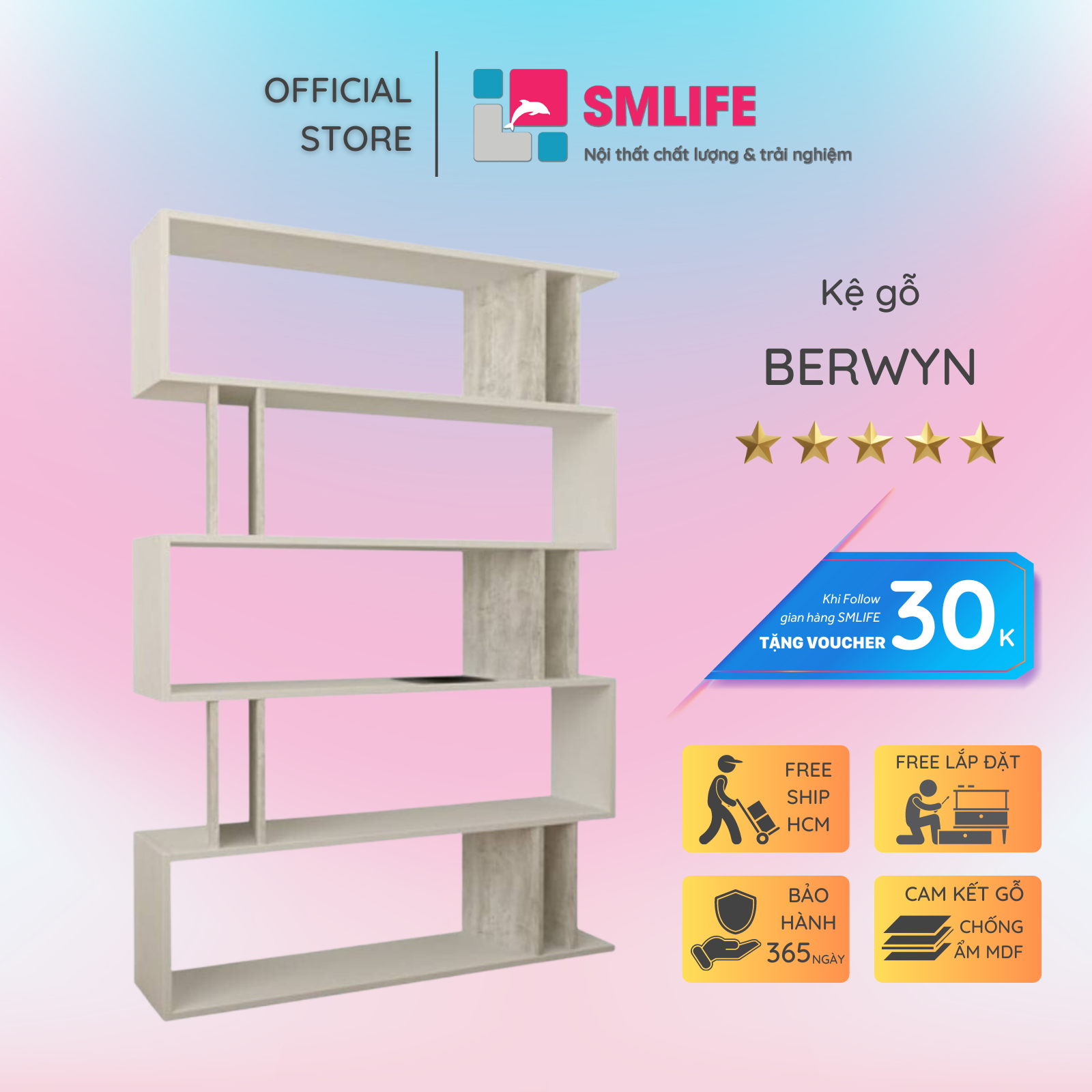 Kệ sách gỗ hiện đại SMLIFE Berwyn  | Gỗ MDF dày 17mm chống ẩm | D110xR28xC160cm - Màu