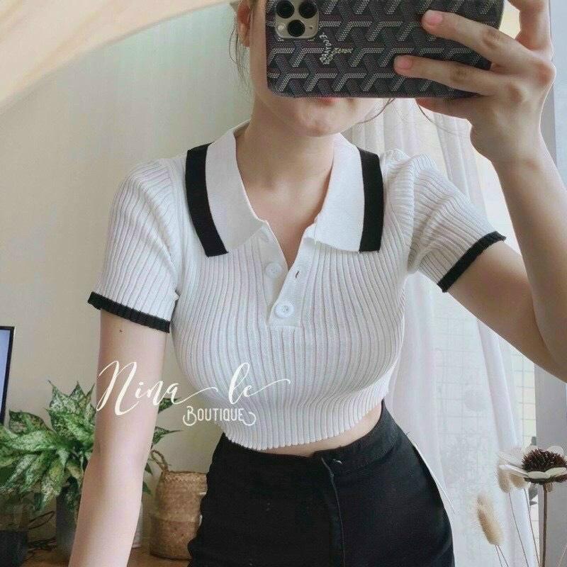 Áo thun nữ form Croptop phối cổ - Chất thun gân dày co giãn tốt - Áo thun nữ có cổ