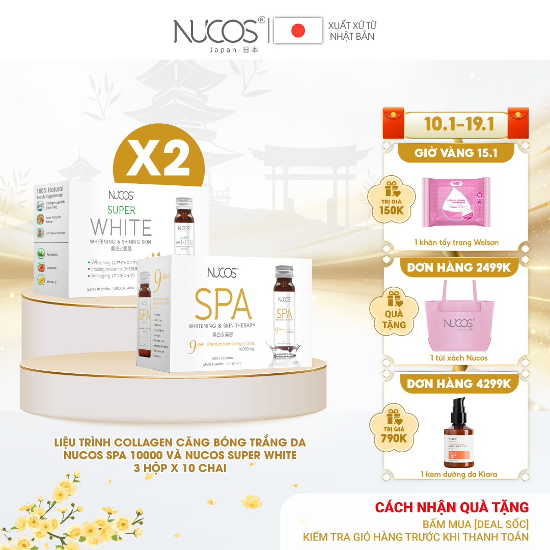 Combo collagen căng bóng trắng da mờ thâm nám Nucos Spa 10.000 và Nucos Super White 3 hộpx10 chaI