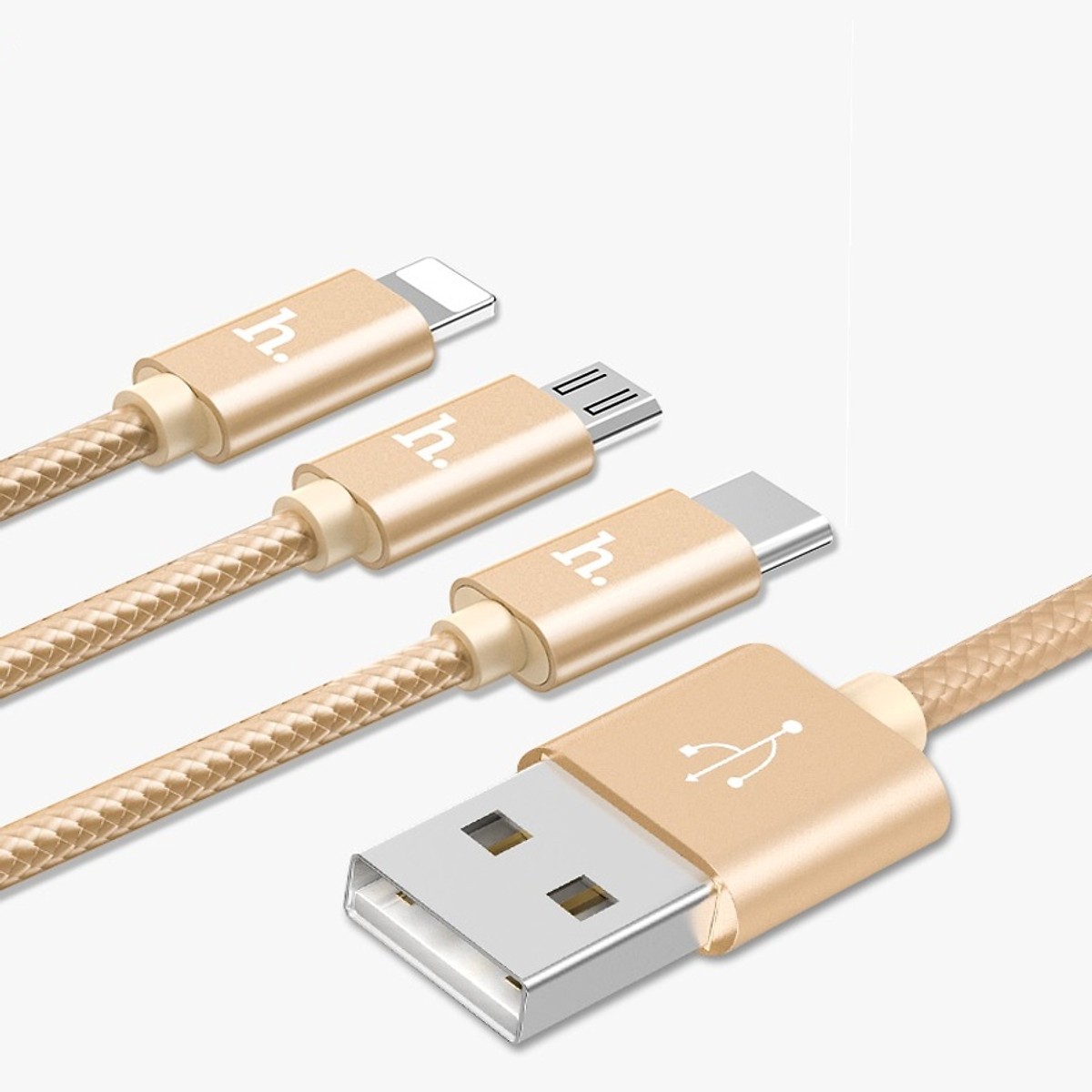 Cáp sạc siêu bền Hoco 3 đầu (Lightning - Micro USB - Type C) Hoco X2 dài 1m (Gold) - Hàng chính hãng