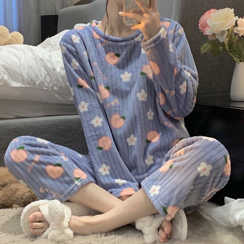 [ Hot loại 1 ] Bộ mặc nhà nỉ lông  hoạ tiết trái đào mềm siêu ấm áp, bộ ngủ lông cừu mẫu mới 2022