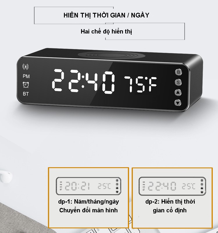 Đế sạc nhanh không dây từ tính cho điện thoại công suất 15W tích hợp loa bluetooth đồng hồ xem giờ báo thức báo nhiệt độ