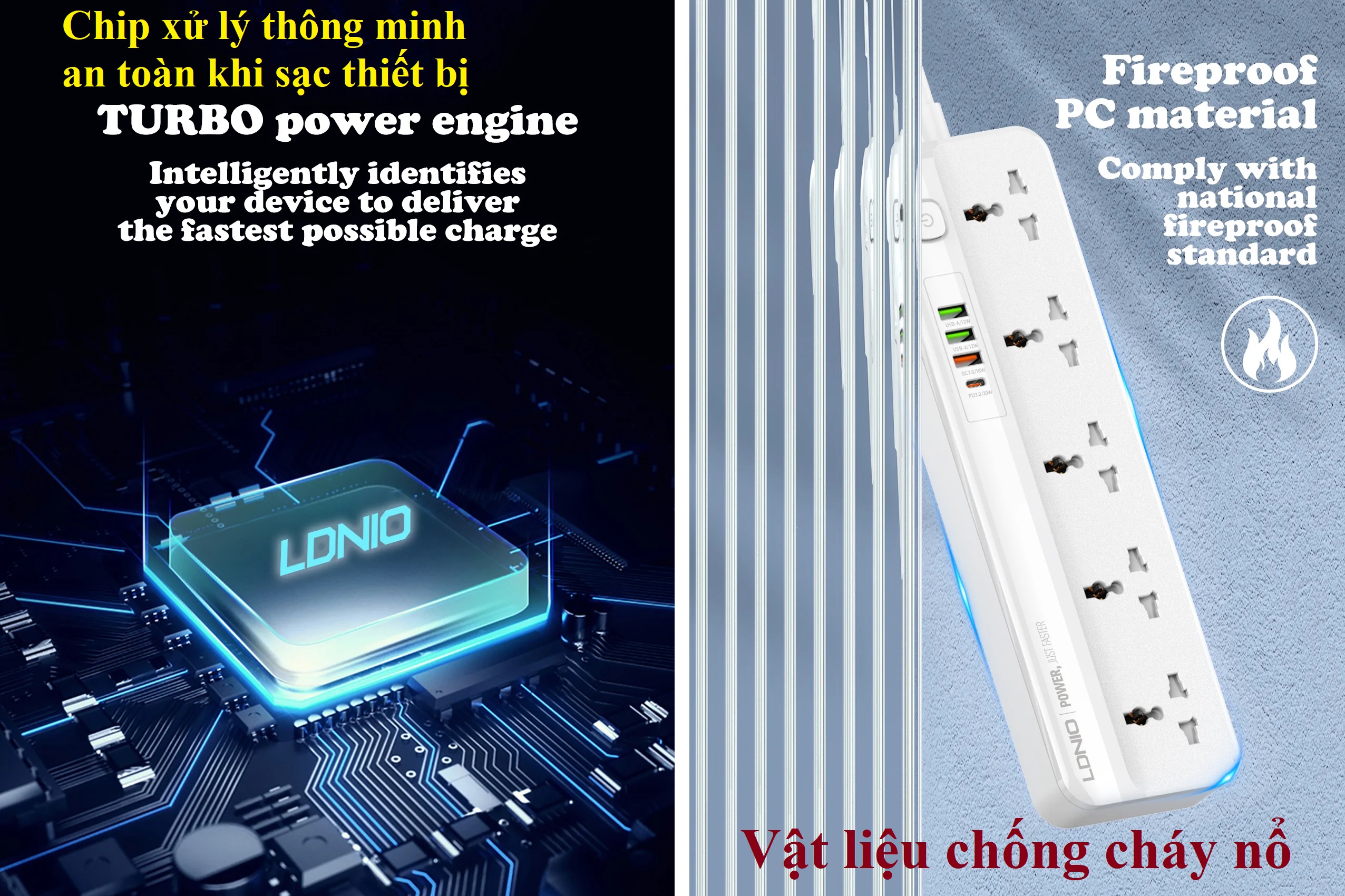 Ổ cắm đa năng 2500W tích hợp sạc nhanh PD20W QC18W LDNIO SC5415 _ hàng chính hãng