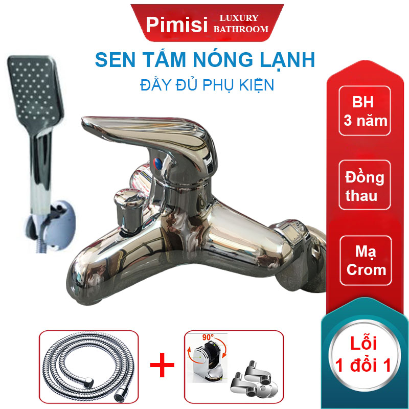 Vòi hoa sen tắm nóng lạnh Pimisi bằng đồng thau, mạ crom-niken sáng bóng dùng trong nhà tắm, điều chỉnh nước bằng gật gù nóng lạnh gắn tường đầy đủ đế cài tay sen - bát sen tắm tăng áp - dây sen mạ inox bóng mềm - chân nối chữ Z | Hàng chính hãng