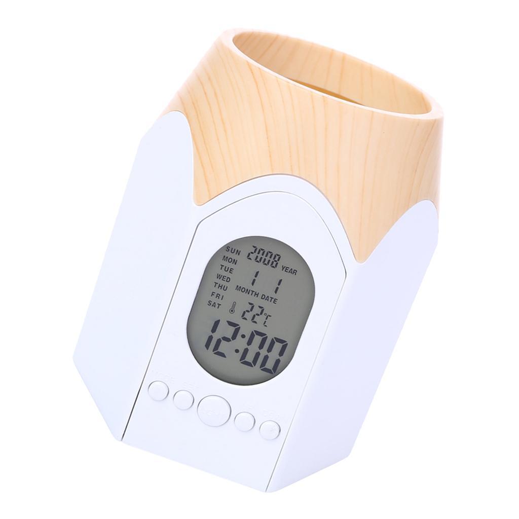 LCD Desktop Alarm Clock Calendar Pen Pencil Stationery Holder Container