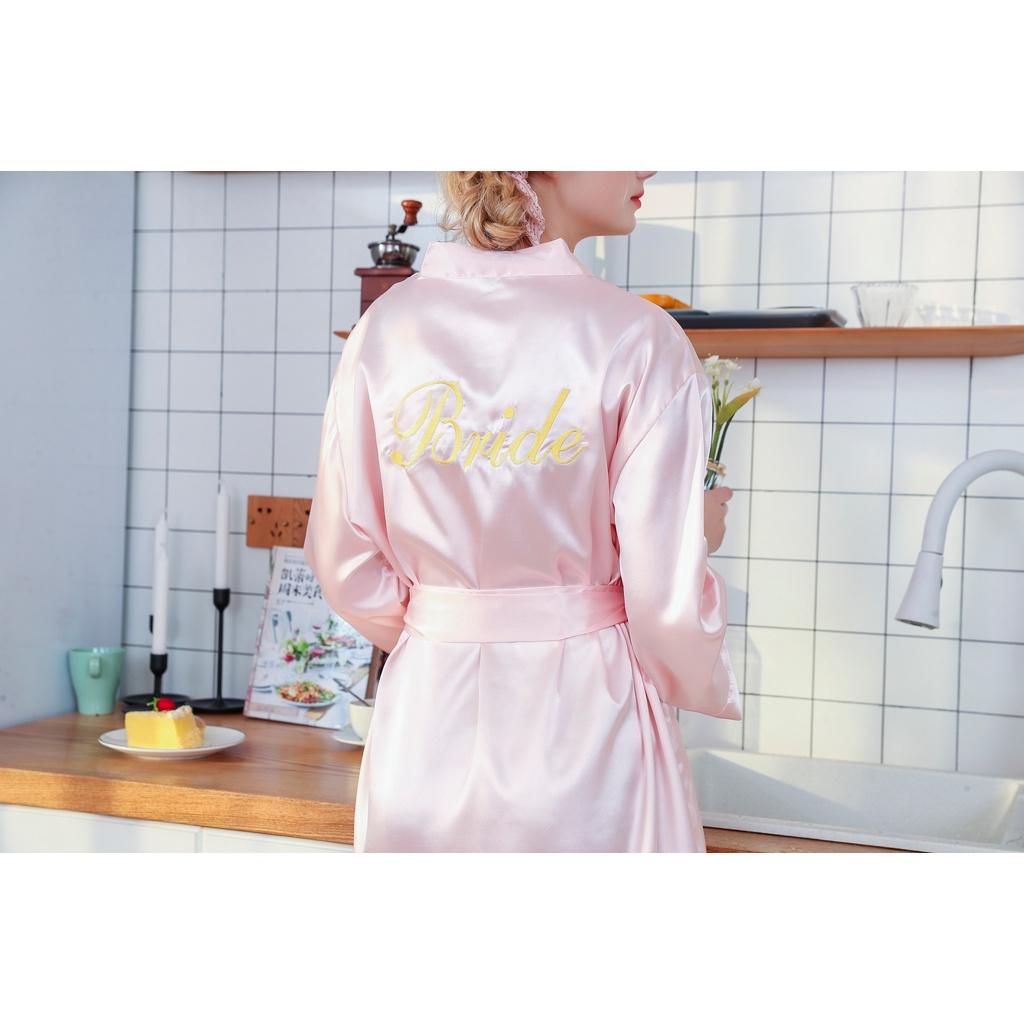 Áo choàng ngủ - Áo khoác Lụa satin trơn màu có chữ BRIDE và BRIDESMAID MS:989