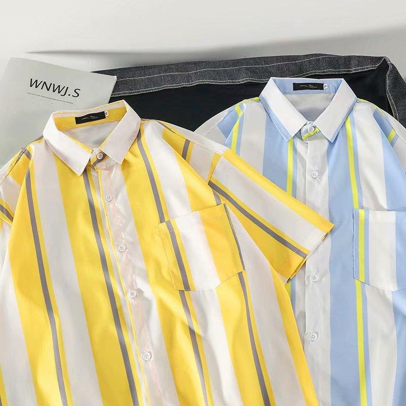 Áo Sơ Mi Ngắn Tay Form Rộng Họa Tiết Sọc Ngang Thời Trang Mùa Hè Dành Cho Nam