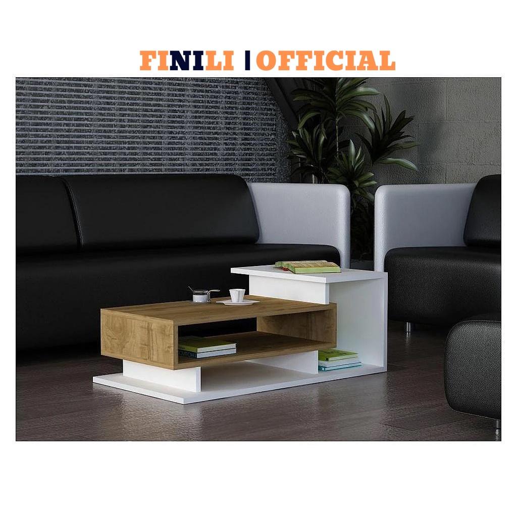 Bàn trà sofa 2 tầng FINILI trắng kết hợp vân gỗ sồi đẹp phòng khách FNLO91