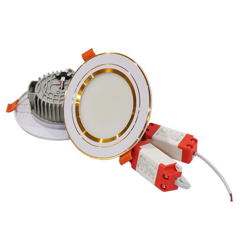 Đèn âm trần đế đúc 7w, 3 chế độ sáng , đèn downlight phi 90 viền vàng/bạc