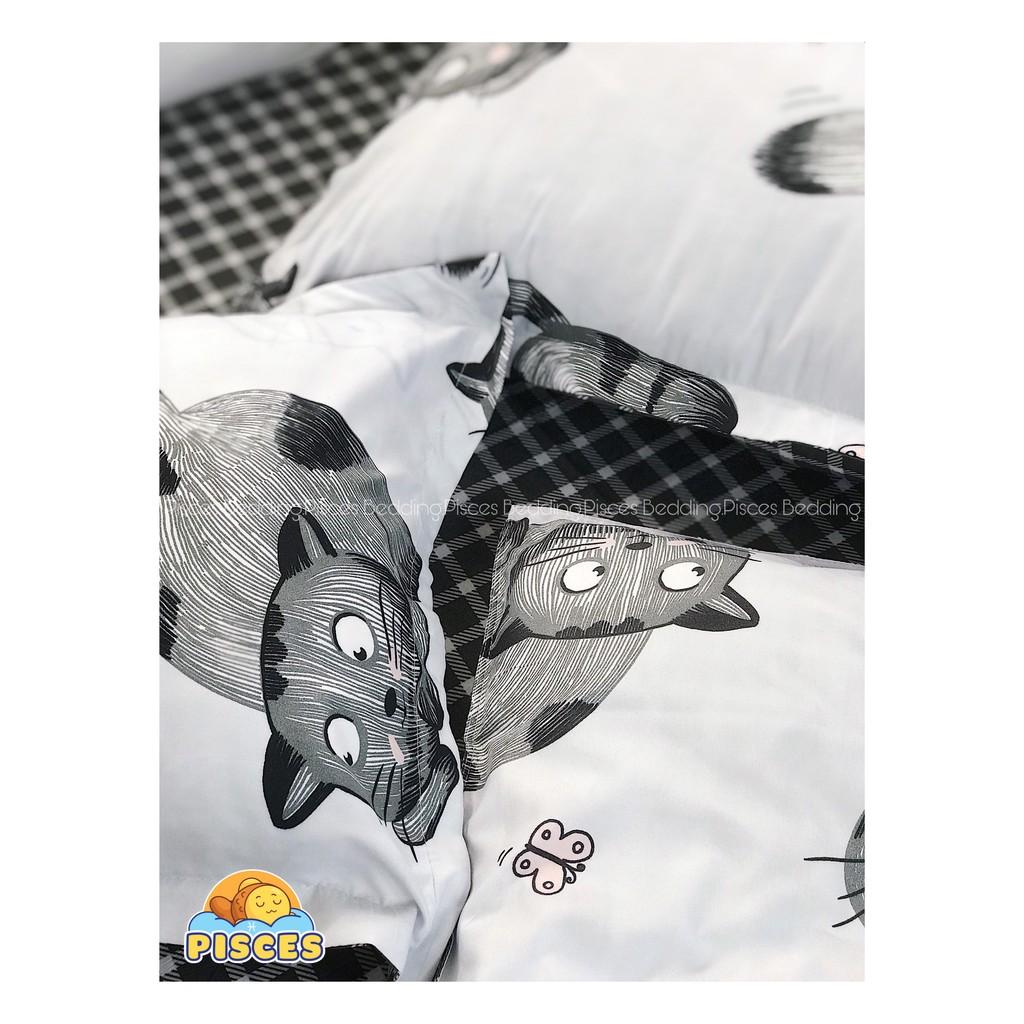 Bộ Chăn Ga Gối Cotton Poly Hình Mèo Đen Dễ Thương, Chất Vải Không Xù, Không Phai Màu