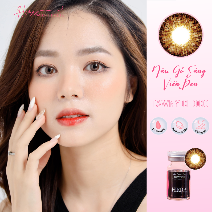 Kính Áp Tròng Hera Nâu Gỗ Sáng Viền Đen Không Độ TAWNY CHOCO Nhập Khẩu Hàn Quốc Lens Không Cận 6 Tháng