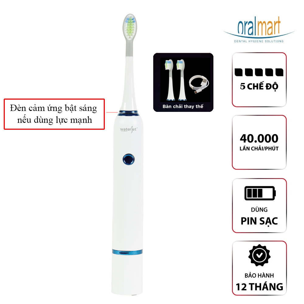 Bàn chải điện sóng âm cảm biến lực chải thông minh Waterjet Smart Sonic Toothbrush (kèm 2 đầu chải)