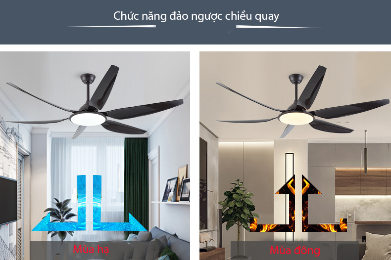 Quạt trần đèn trang trí 6 cánh nhựa ABS có điều khiển từ xa QAT027 – Phong cách Bắc Âu hiện đại