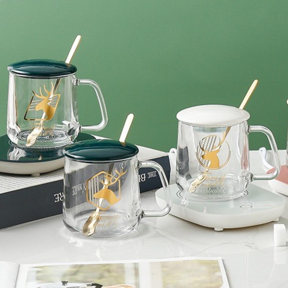 Cốc Hâm Nóng Thủy Tinh Trong Suốt Hình Hươu Kèm Đế Điện Thìa Mạ Vàng Cao Cấp