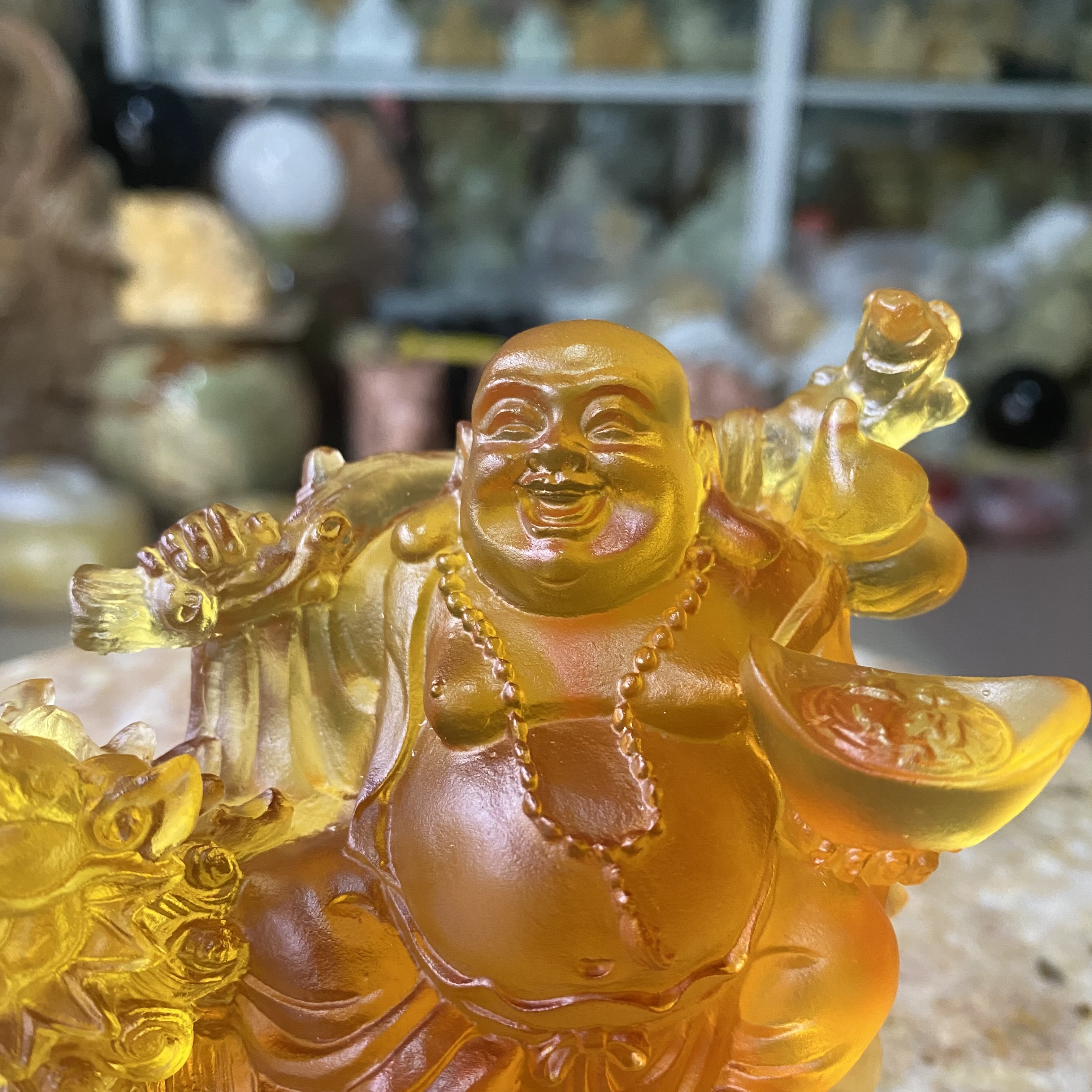 Tượng Cụ Di Lặc Cưỡi Long Quy Lưu Ly - cao 11.5cm, ngang 11.5cm