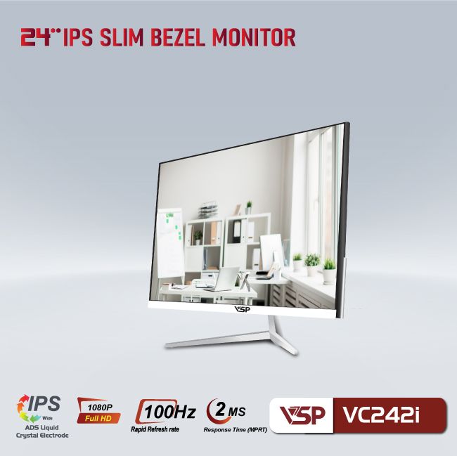 Màn hình máy tính 24inch VSP VC242i [TRẮNG] (23.8&quot; IPS FHD 100Hz 2ms, HDMI+DisplayPort) - Hàng chính hãng VSP phân phối