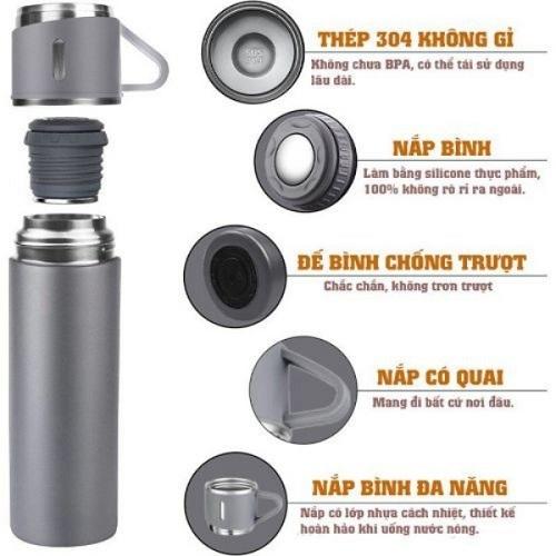 Bình Giữ Nhiệt Cao Cấp 500ml Lõi Inox 304 Tặng Kèm 2 Cốc Cách Nhiệt, Fullbox Làm Quà Tặng Sang Trọng