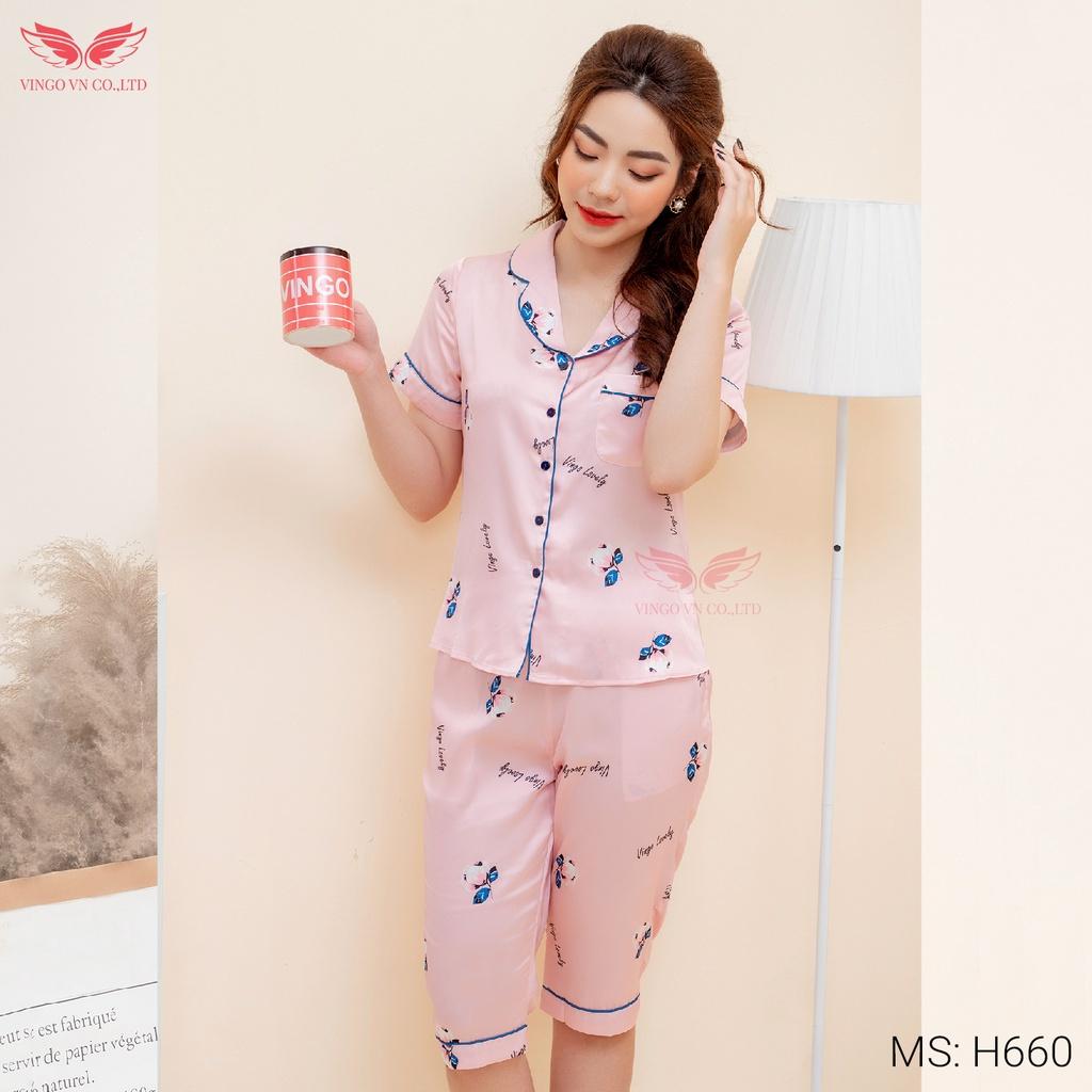 Đồ bộ nữ mặc nhà Pijama lụa Pháp VINGO tay ngắn quần lửng mặc mát mùa Hè họa tiết hoa hồng lé xanh thanh lịch H660 VNGO