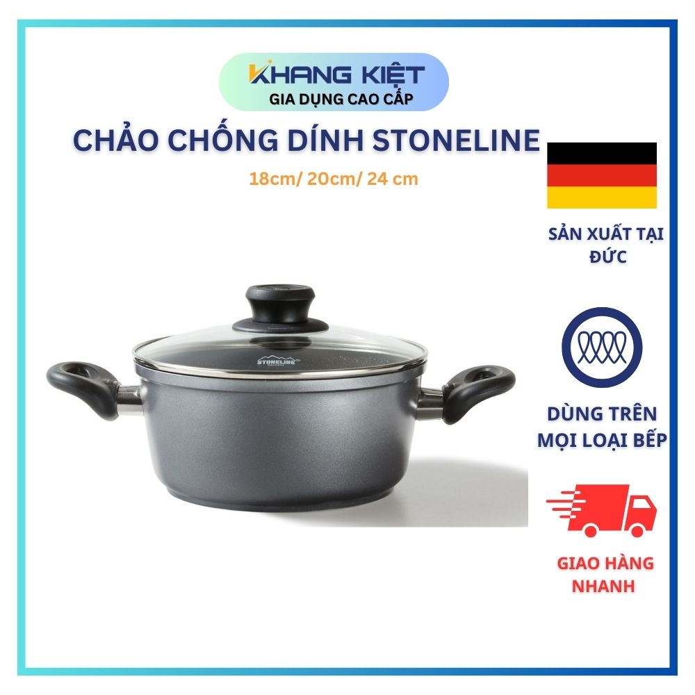 Nồi chống dính phủ đá Stoneline 18cm/ 20cm/ 24cm, dùng cho bếp từ, bếp gas, bếp hồng ngoại, chiên, nướng không dầu -Thương hiệu Đức