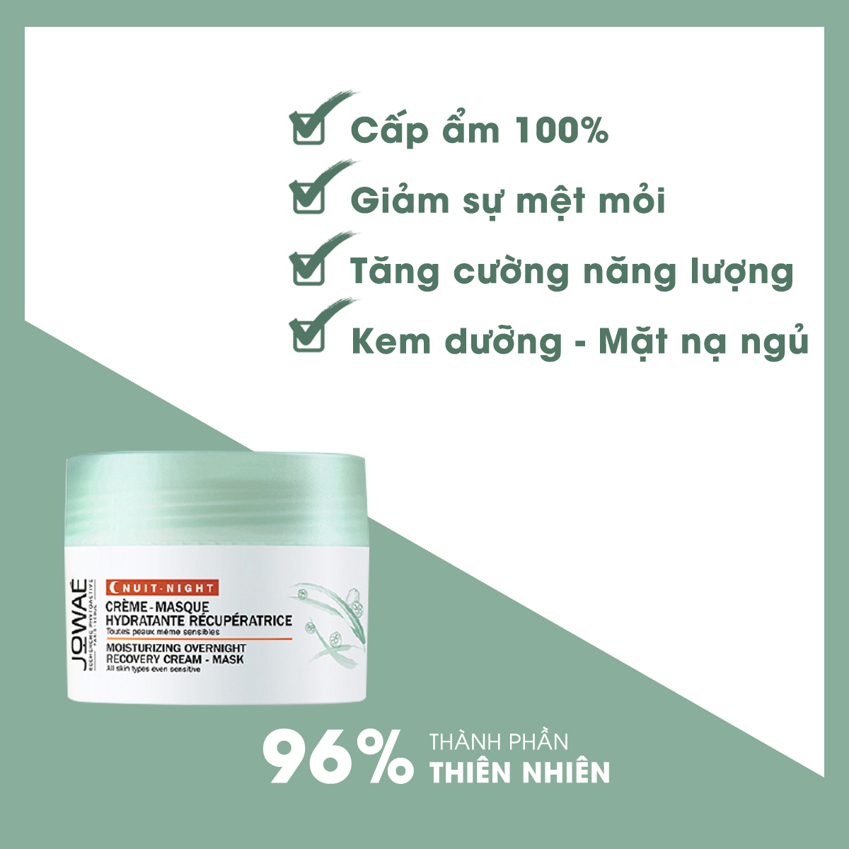 Kem Dưỡng Kiêm Mặt Nạ Ngủ JOWAE 100% giảm mệt mỏi tăng cường năng lượng cho da Mỹ phẩm thiên nhiên nhập khẩu Pháp MOISTUNRIZING OVERNITGHT RECOVERY CREAM – MASK 40ml