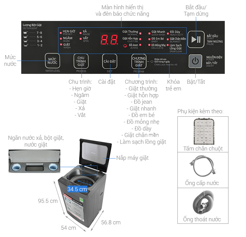Máy giặt Sharp 10 kg ( không inverter) ES-W10NV-GY - HÀNG CHÍNH HÃNG - CHỈ GIAO HCM
