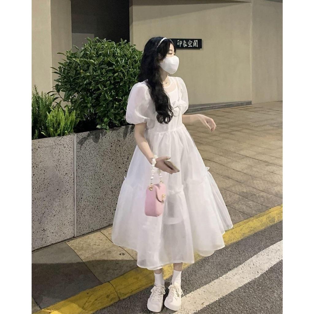 Váy Trắng 2 Lớp Nơ Ngực To Màu Trắng Ulzzang Hàn Quốc