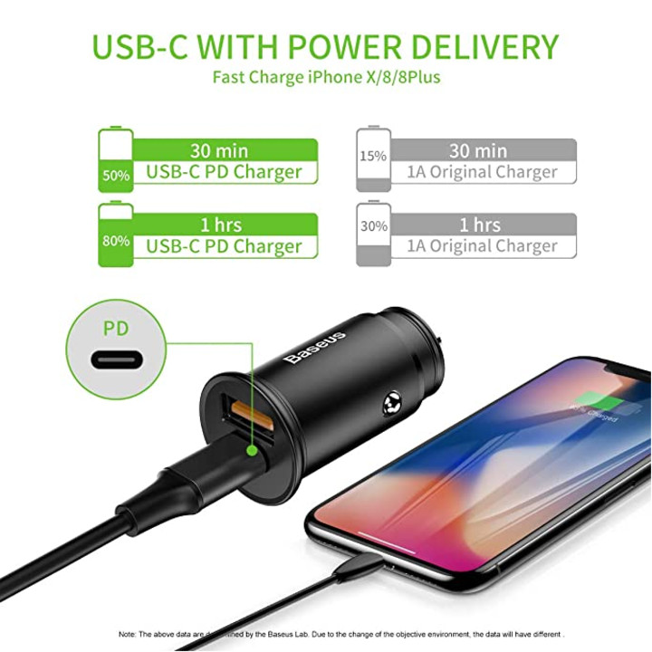 Tẩu sạc nhanh CCALL-AS01 đa năng 2 cổng USB và Type C dùng cho ô tô, xe hơi nhãn hiệu Baseus Circular Plastic A+C, công suất 30W - Hàng Nhập Khẩu