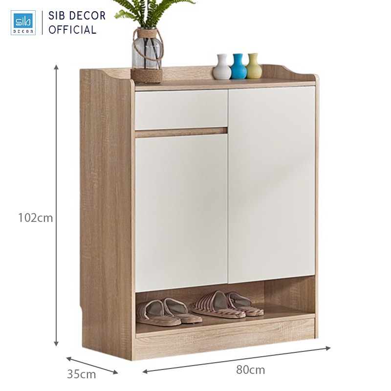 Tủ Giày Gỗ Đơn Giản Thiết Kế 2 Cánh 1 Ngăn Kéo Màu Oak Phối Trắng Thương Hiệu SIB Decor