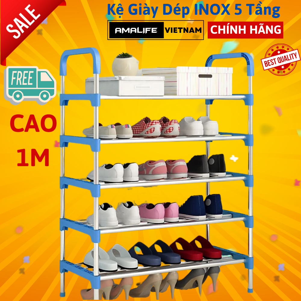 Kệ Để Giày Dép Inox 5 Tầng Chính Hãng Amalife, Giá Để Giày Inox 5 Tầng - Chọn Màu - Xanh Dương