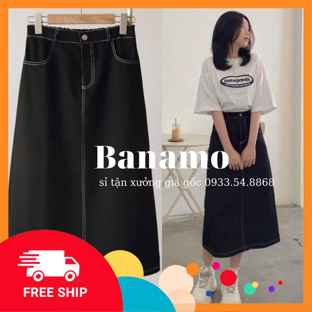 Chân váy midi viền chỉ nổi giả jean khuy trước chun sau xẻ tà cực xinh thời trang Banamo fashion váy chỉ nổi 5343
