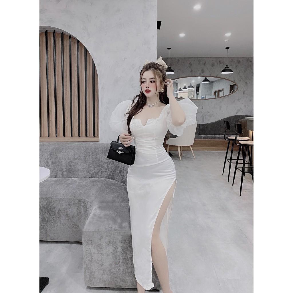 Đầm Body Dự Tiệc Cổ Vuông Tay Ngắn Phồng Vai Bo Eo Xẻ Tà - Vải Lụa - 2 Màu Đen, Trắng - Dành Cho Nàng Đi Tiệc