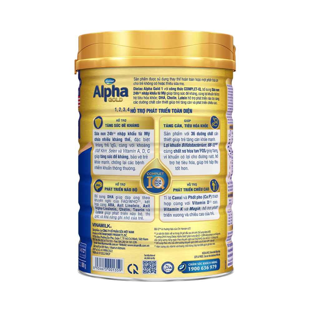 HỘP SỮA BỘT VINAMILK DIELAC ALPHA GOLD IQ 1 900G