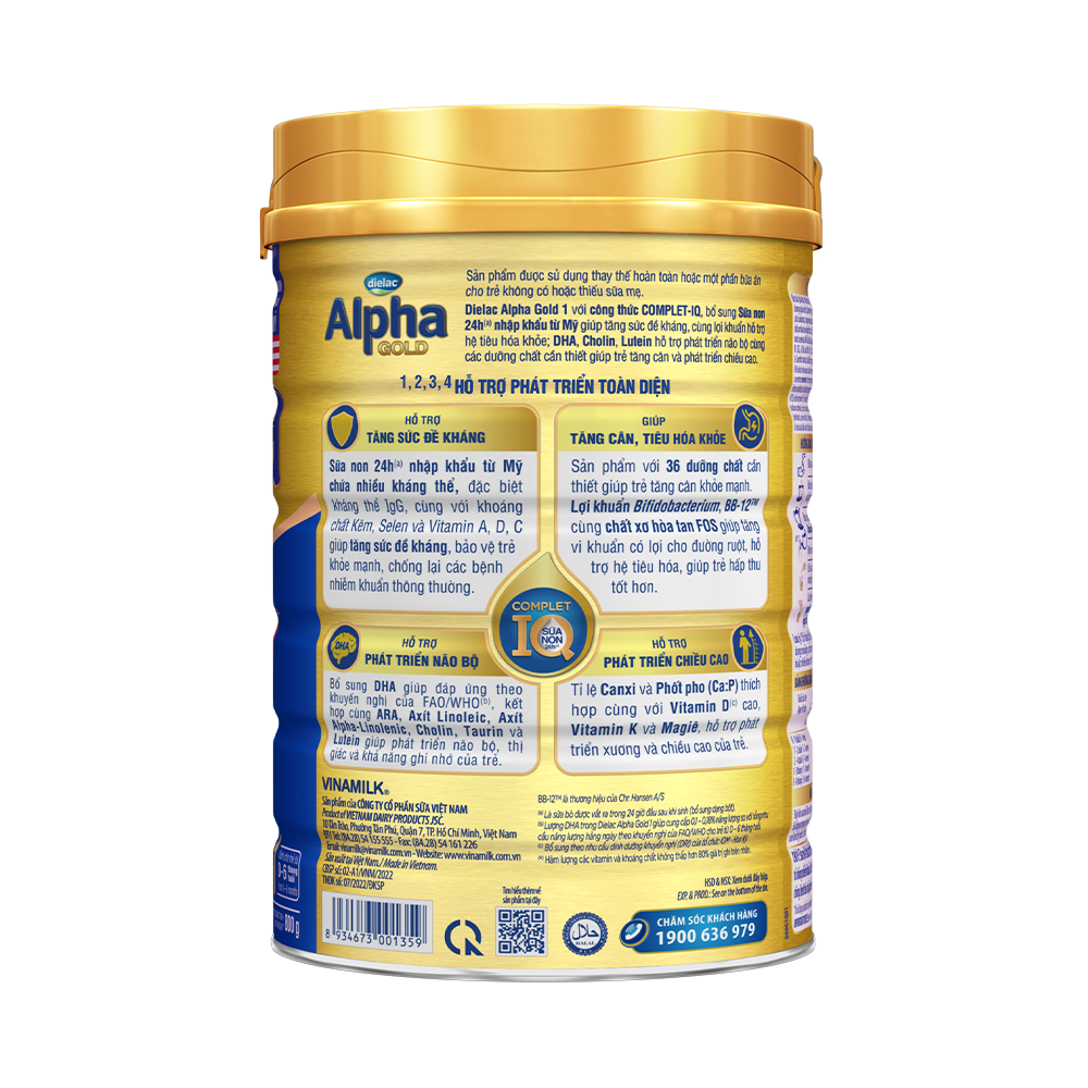 HỘP SỮA BỘT VINAMILK DIELAC ALPHA GOLD IQ 1 900G (CHO TRẺ TỪ 0 - 6 THÁNG TUỔI)