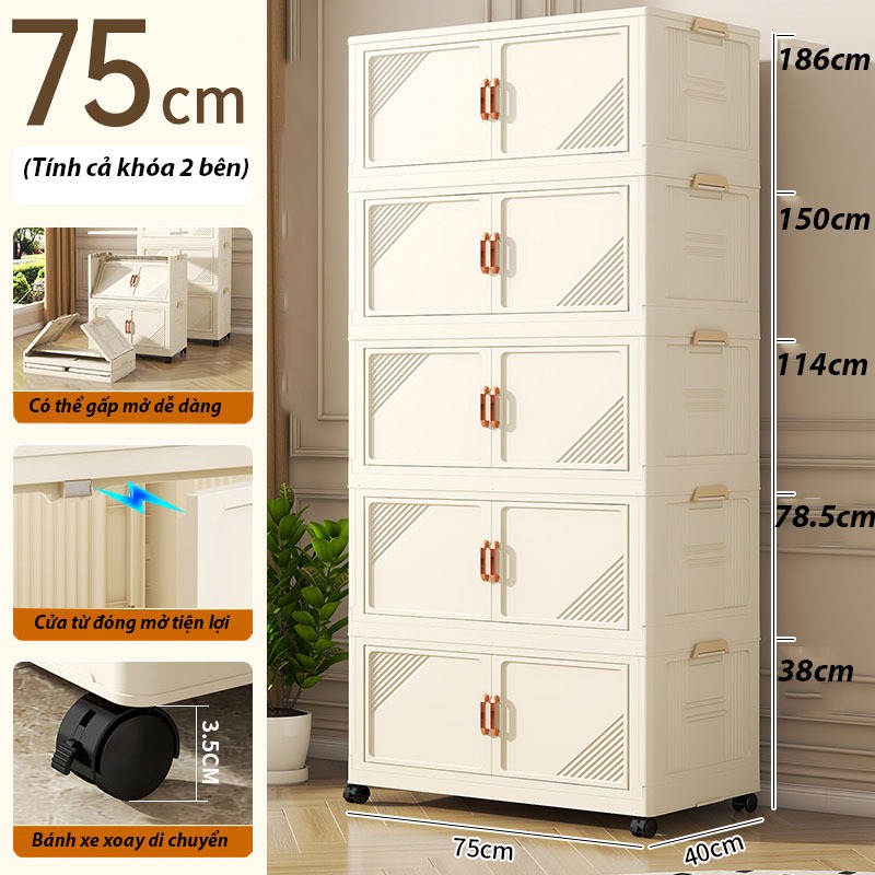 (Ngang 45-75cm) Tủ Nhựa Gấp Gọn Size Lớn, Tủ Đựng Quần Áo Đa Năng Lắp Ghép, Để Đồ Tiện Dụng, Nhựa PP, Có Bánh Xe