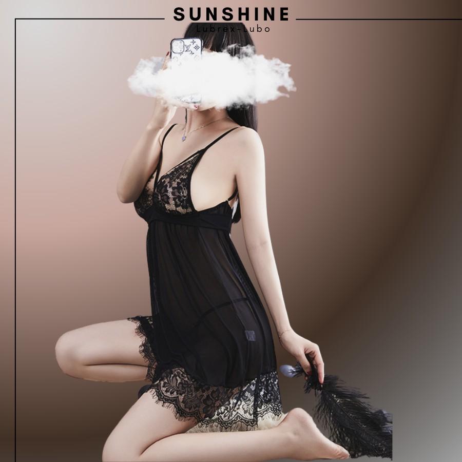 Đầm ngủ ren sexy 2 dây gợi cảm - Váy ngủ hai dây voan mỏng mặc nhà quyến rũ Màu Đen SUNSHINE MC