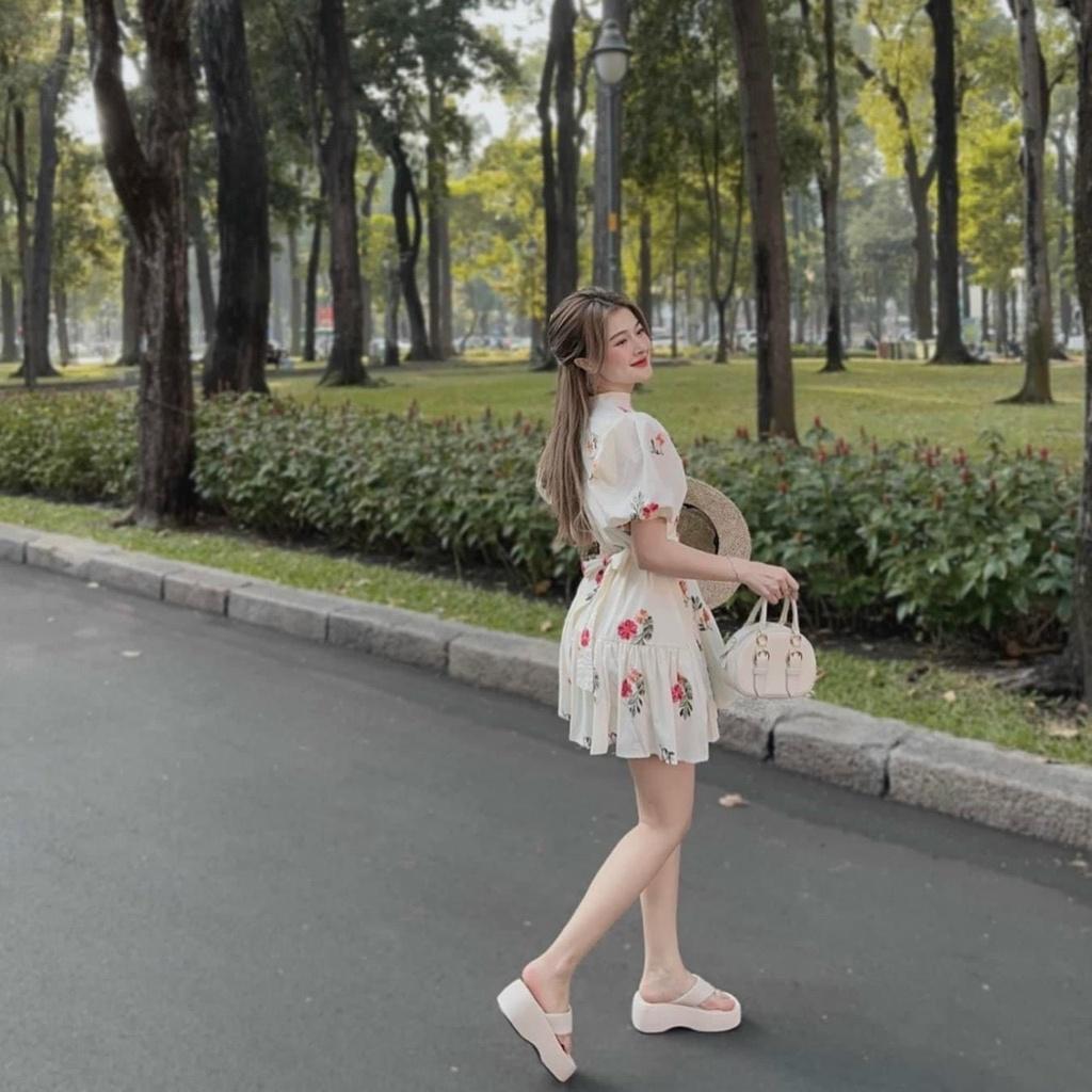Váy đầm nữ dáng xòe cổ V tay bồng cột nơ họa tiết hoa xinh xắn