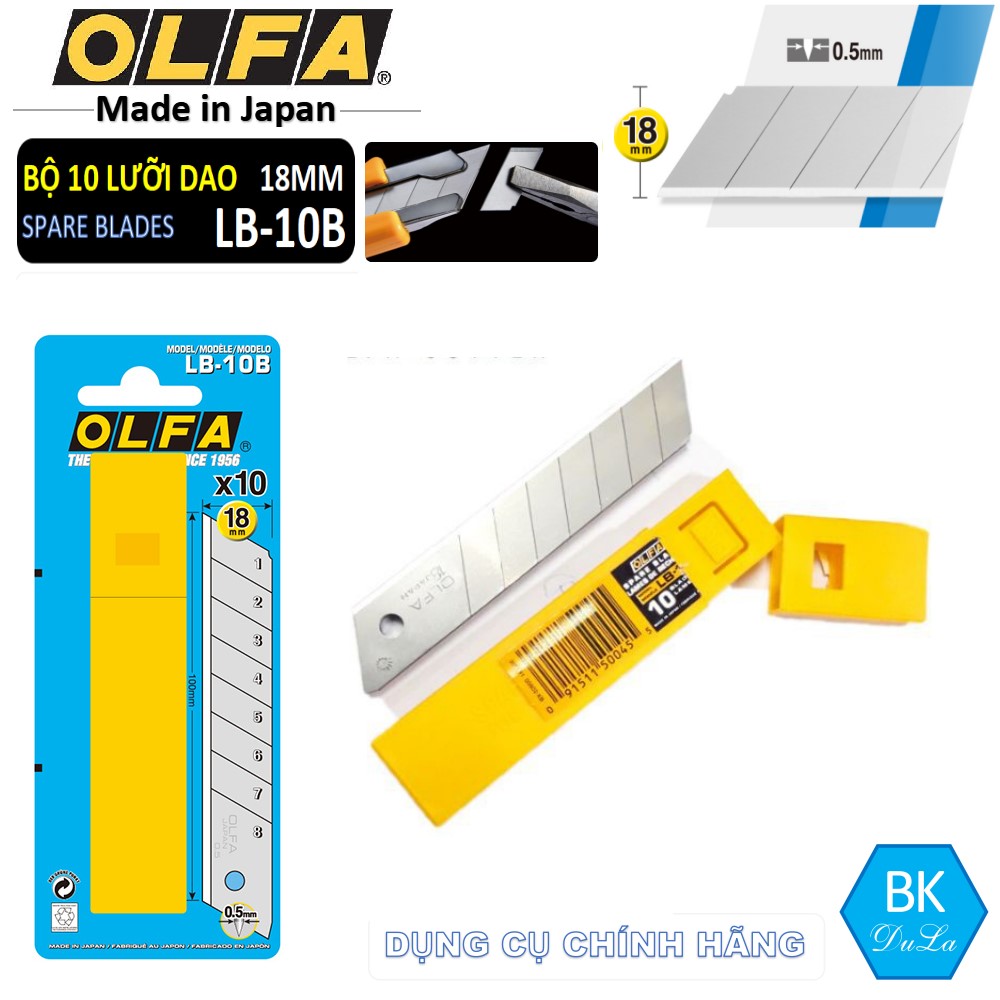 Hộp 10 Lưỡi dao cắt 18mm Nhật Olfa LB-10B hộp 10 lưỡi- Màu bạc