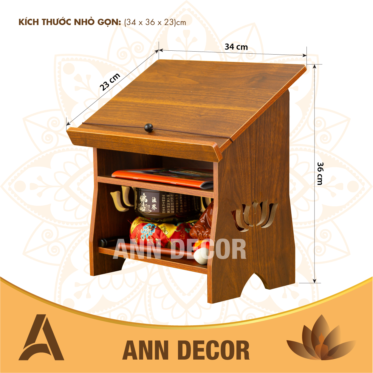 Kệ để kinh phật hoa sen bằng gỗ MDF phủ Melamine 2 mặt/ Bàn tụng kinh/ bàn đọc sách