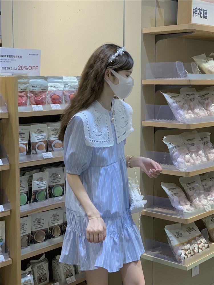 CHENGRUI Sữa ngọt chạy trốn công chúa váy mùa hè dịu dàng sữa tốt váy người đàn ông nhỏ rất khác biệt màu xanh sọc chạm rỗng váy