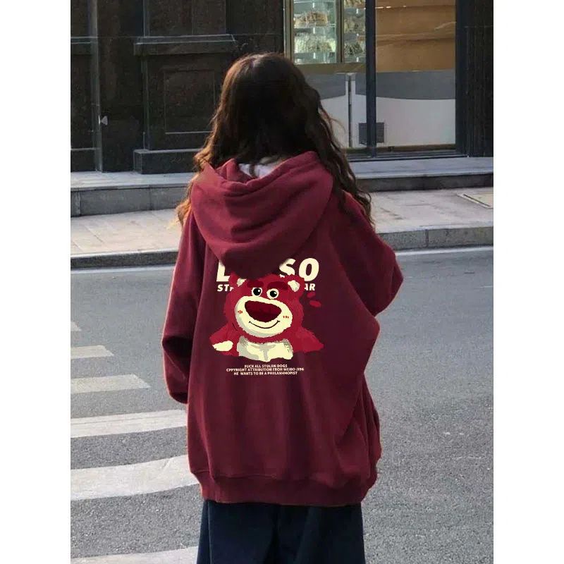 Áo Khoác Hoodie Nỉ Dày Dáng Rộng In Hình Gấu Và Dâu Tây Màu Đen Đỏ Thời Trang Cho Nữ