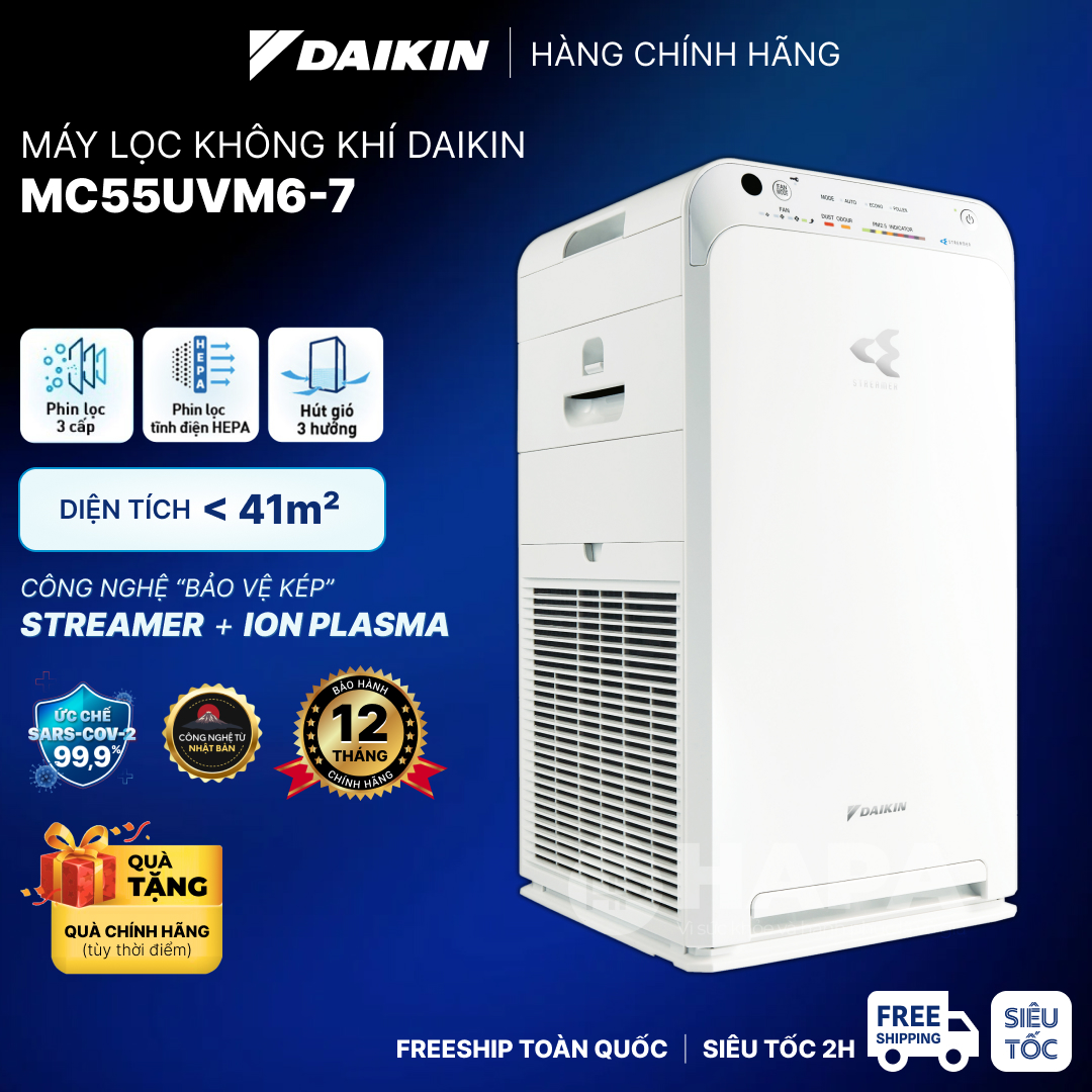 Máy Lọc Không Khí DAIKIN MC55UVM6-7 Phòng &lt; 41m2 HEPA, Streamer &amp; ION PLASMA - Hàng Chính Hãng DAIKIN