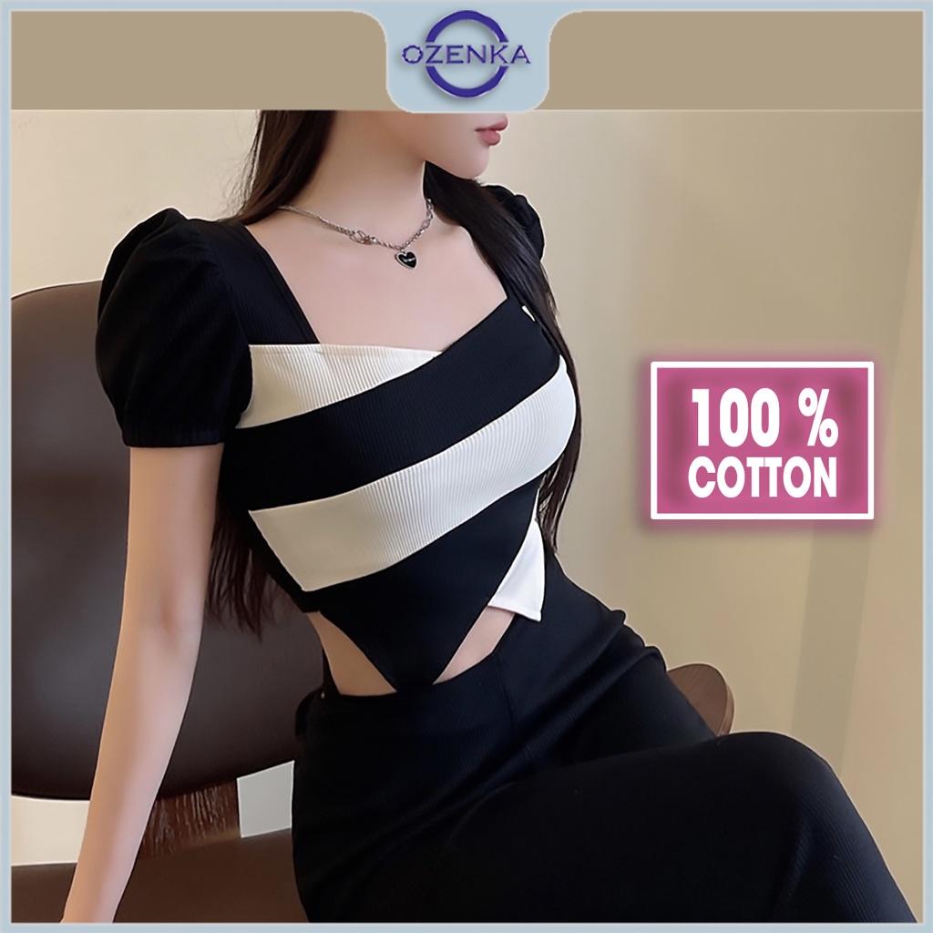 Áo croptop kiểu vạt nhọn cổ vuông vai bồng cộc tay nữ OZENKA , áo crt ôm body phối màu gợi cảm thun cotton dưới 55 cân