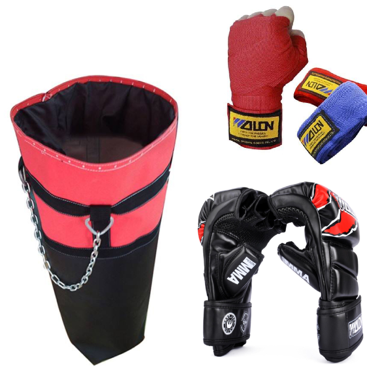 Combo vỏ bao trụ cát tập đấm bốc boxing, mma, muay + Găng đấm bốc mma figher hở ngón + Băng Đa cuốn tay