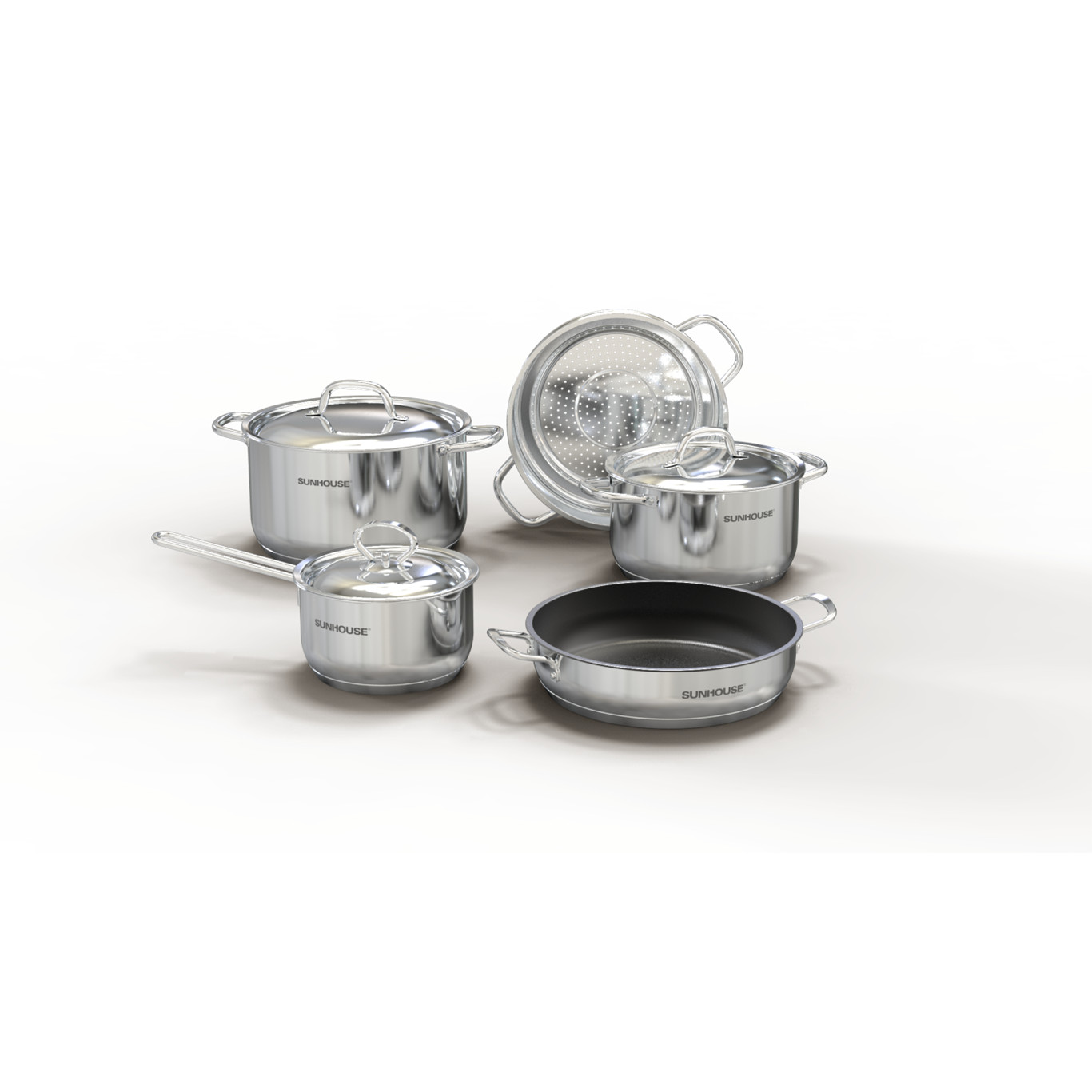 BỘ NỒI CHẢO INOX 5 ĐÁY SUNHOUSE SHG995 - Hàng Chính Hãng