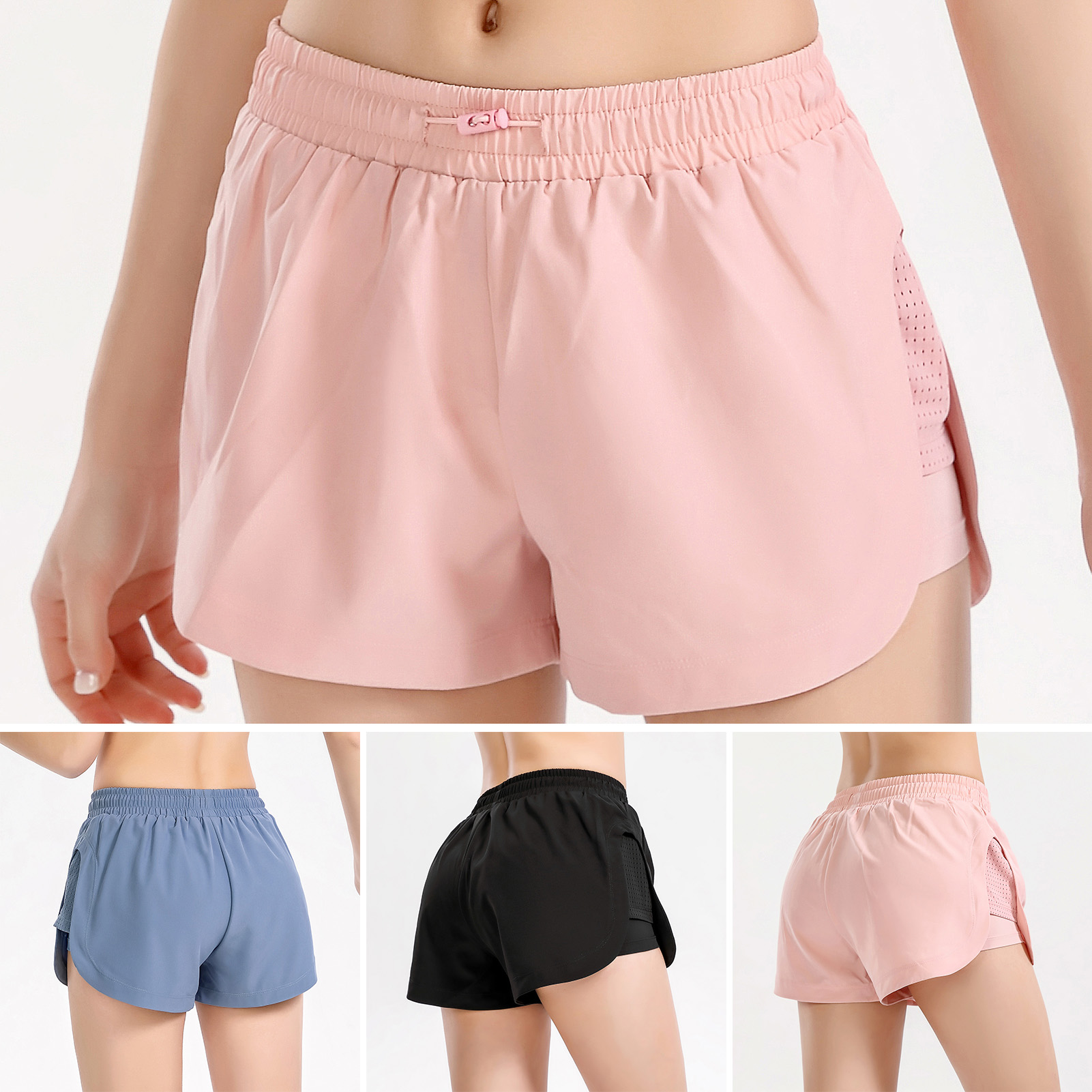 Quần short thể thao 2 lớp cho nữ chất liệu chinlon và vải thun, nhẹ và thoải mái, eo dây rút