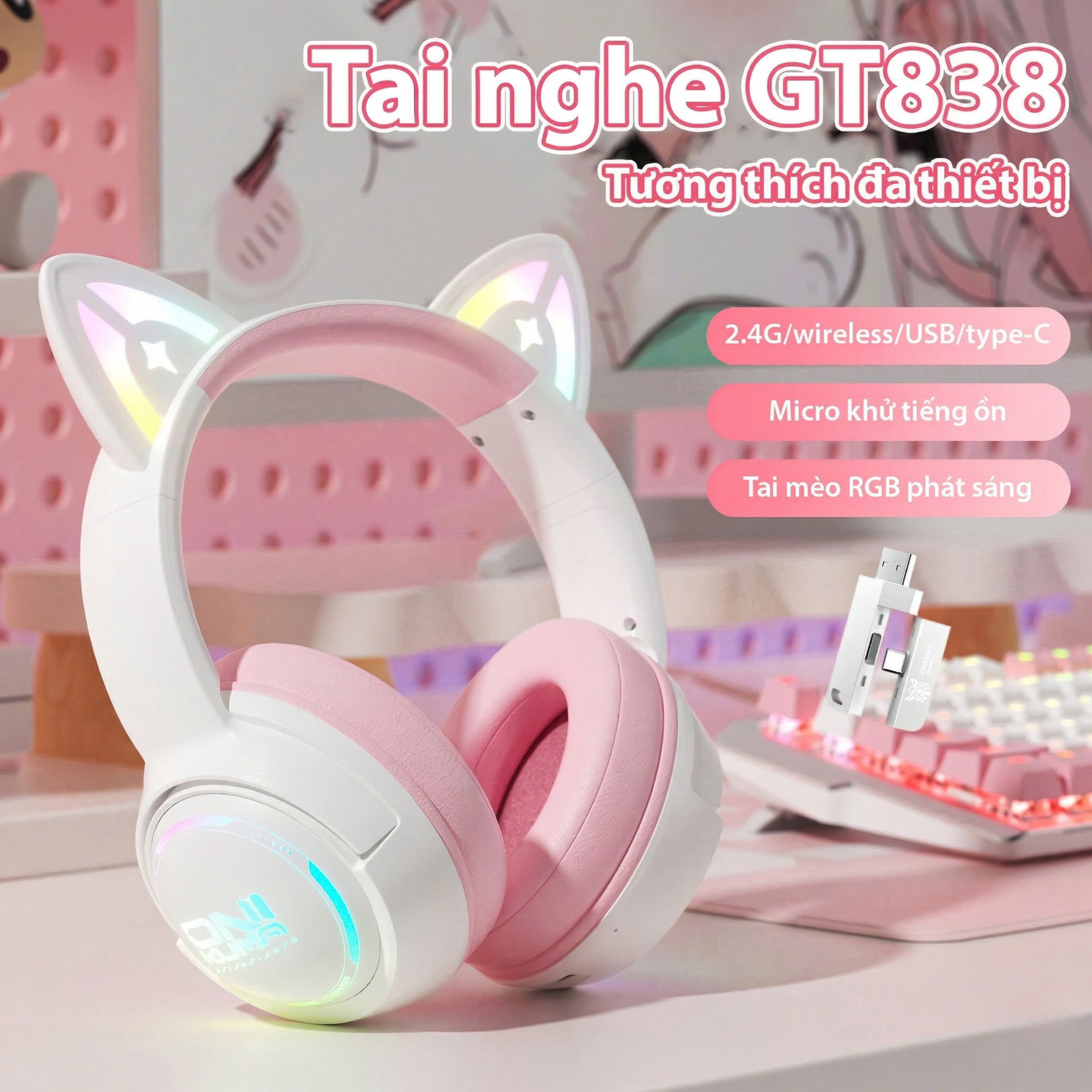 TAI NGHE ONIKUMA GT838 (2.4G+Bluetooth+Wired) Tri-Mode White Pink - Hàng Chính Hãng